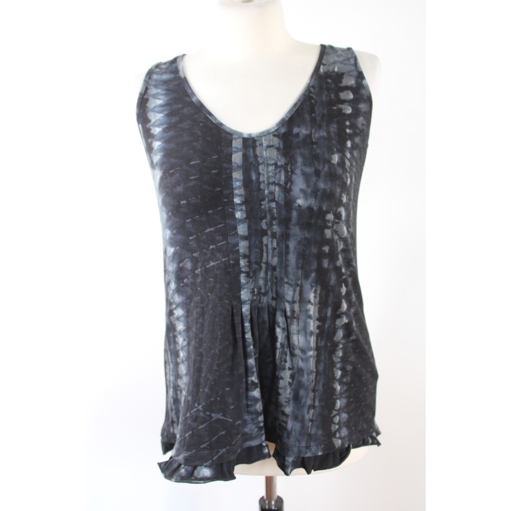 Dunia S Black Tie Dye Tank Top Pleated Ruffle Hem Sleeveless V-Neck